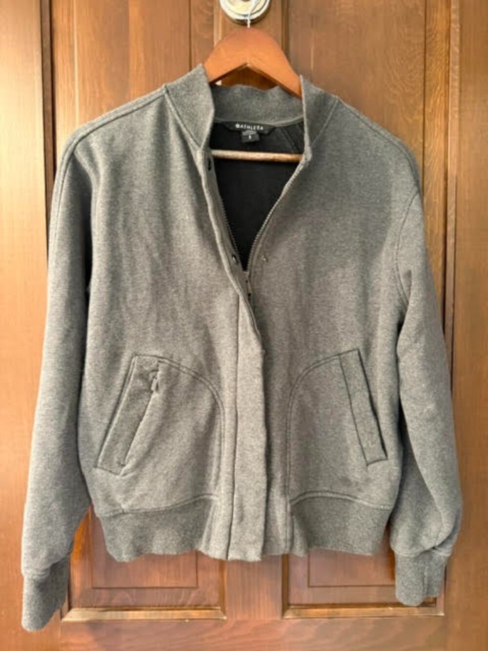 Athleta Retroplush Fleece Bomber Jacket Gray Charcoal Full Zip NWOT Size S
